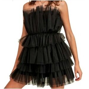 NWT MABLE Women's Large Strapless Black Tiered Tulle Cocktail Dress Mini‎ Party